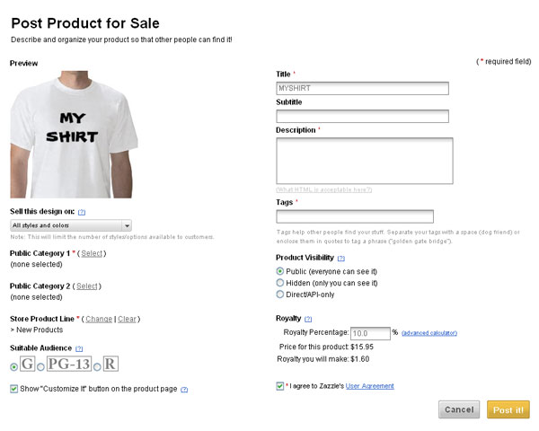 Screenshot of Publish form