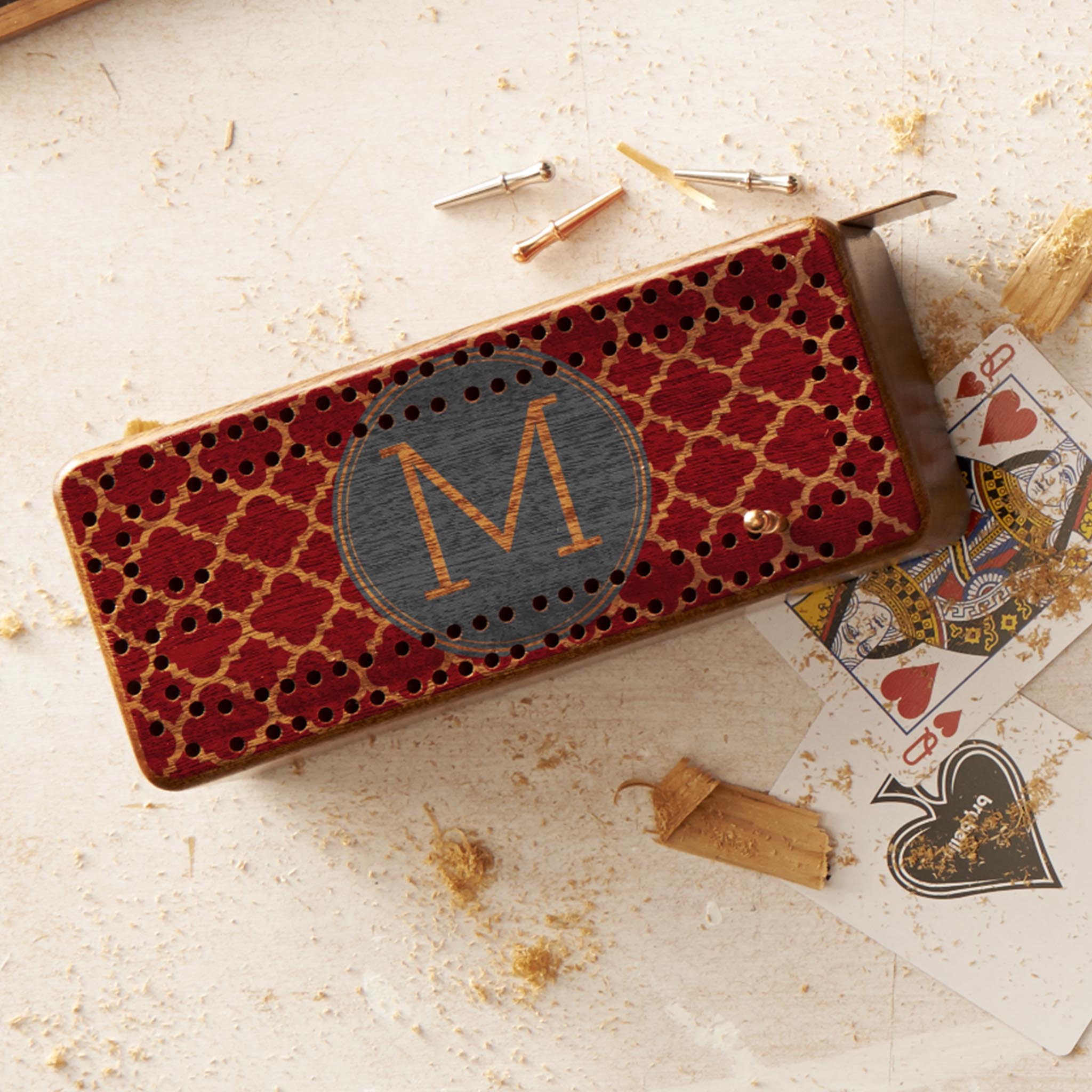 Red and Gray Geometric Pattern Monogram Maple Cribbage Board