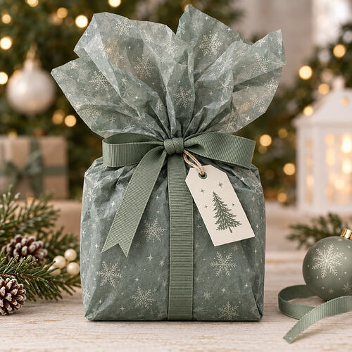 ID1334 Soft Sage Snowflakes on Optional Dark Green TP