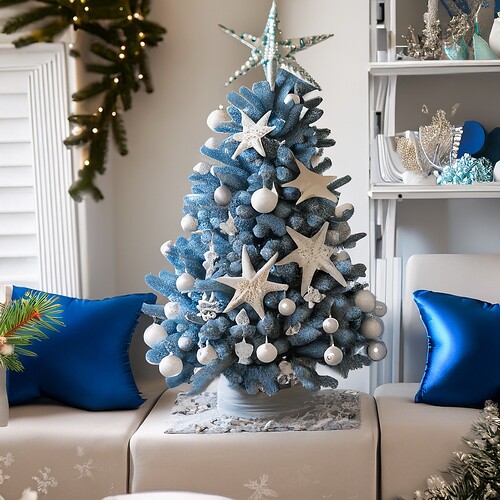 Firefly a modern living room containing a christmas tree decorated with blue and white ornaments and.jpg