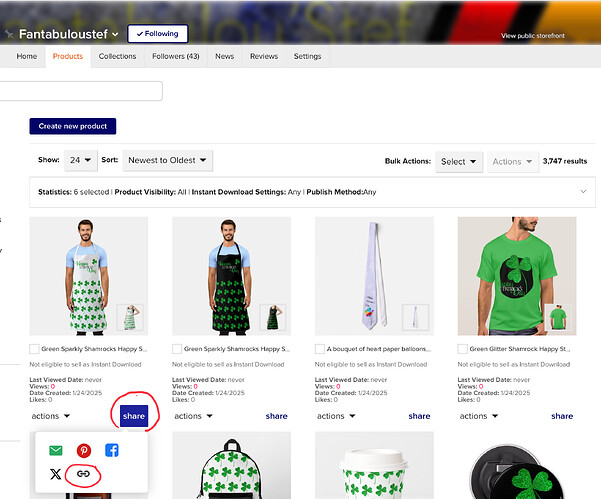 In the products list, click on The Share button of the product you want, and then on the link