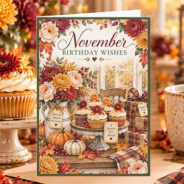November Birthday Wishes Autumn Cupcake Birthday Card