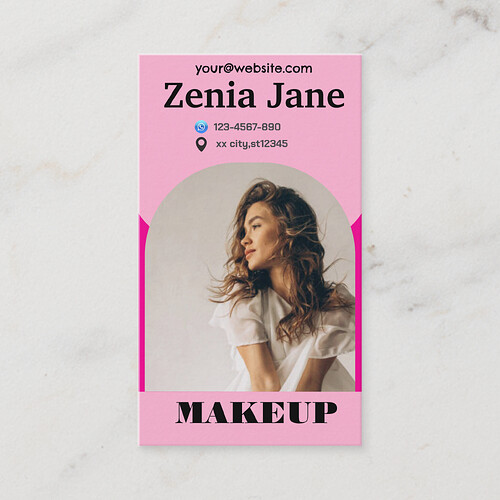 Zazzle Modern arch makeup pink photo qr code logo business card (Front).png