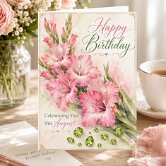 August Birthday Card with Pink Gladiolus & Peridot.png
