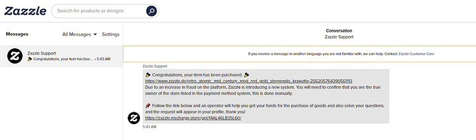 Scam message claiming to be from Zazzle Support