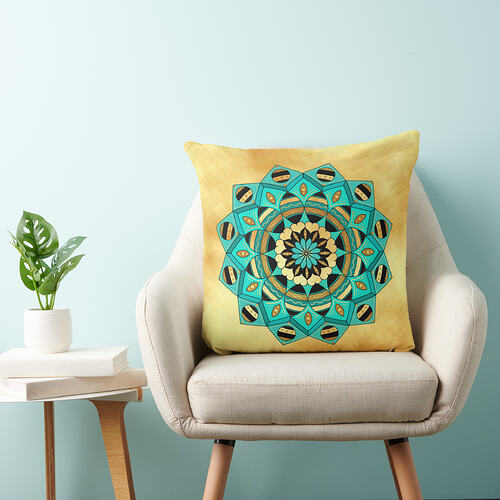 Zazzle Mandala Blue Gold Black on Soft Gold Background Throw Pillow (Chair)