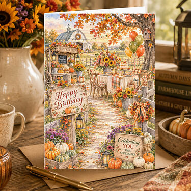 Autumn Pumpkin Farm September Happy Birthday Card