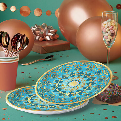 Zazzle Mandala blue gold on Soft Gold Background Paper Plates (Multi)