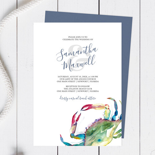 Beach Wedding Invitation Watercolor Blue Crab