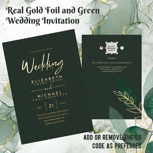 Emerald Forest Green GOLD Wedding Invitations with website RSVP QR code Real FOIL.jpg