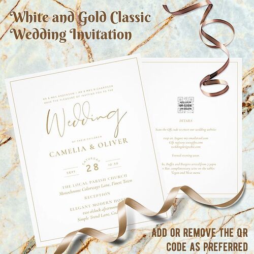 BUDGET Classic White Gold Wedding Invitations with QR code website rsvp.jpg