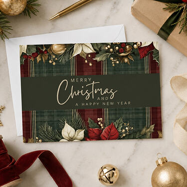 Elegant Burgundy Tartan Plaid Poinsettia Flat Christmas Card