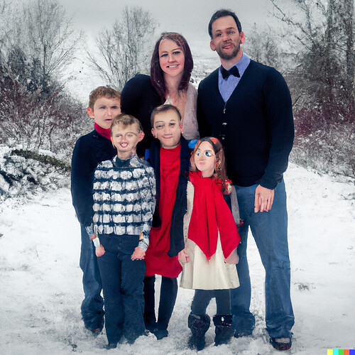 DALL·E 2022-09-29 00.25.36 - portrait photograph of a young family, a man, a woman, and two children posing outdoors with snow and a Christmas or holiday theme.png