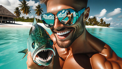 Close-up of man, smiling, wearing blue-green mirrorshades teasing viewer with a fish (downsampled).png