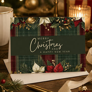 Elegant Burgunday Plaid & Poinsettia Christmas Card