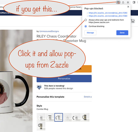 allowing pops-ups for Zazzle in Chrome