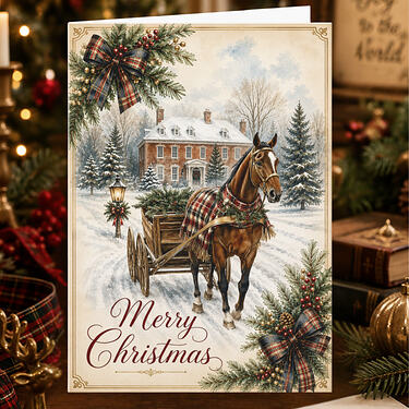 Vintage Tartan Horse Drawn Sleigh Merry Christmas Card