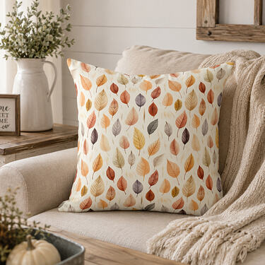 Rust Brown Cream Gray Fall Leaves Cozy Farmhouse Throw Pillow