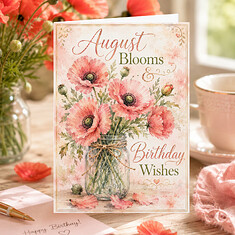 Elegant Watercolor Pink Poppies August Birthday Card.png