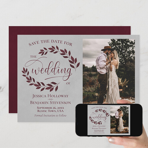 Zazzle - Mockup - Burgundy Laurel Leaves & Photo Rustic Gray Wedding Save The Date.jpg