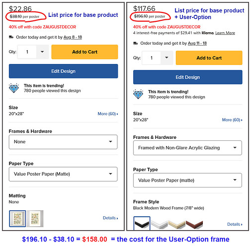 Product page with and without frame