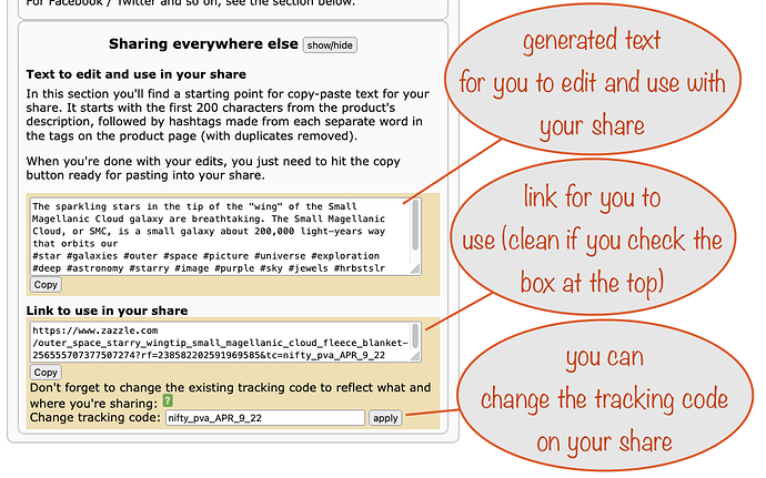 section for sharing in other places