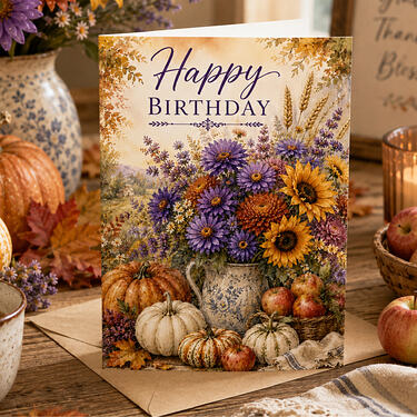 Autumn Florals Asters Sunflowers Happy Birthday Card