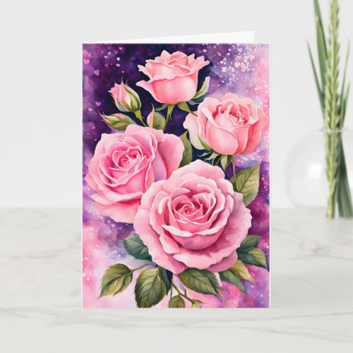Pink Roses Purple Background Birthday Card
