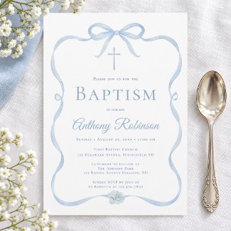 Modern Blue Bow Baptism Invitation for Boy