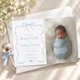 Modern Blue Bow Baptism Photo for Boy