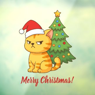 Cranky Orange Tabby Cat Red Hat Christmas Tree