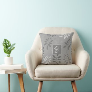 Monogram Modern Gray Leaves Throw Pillow