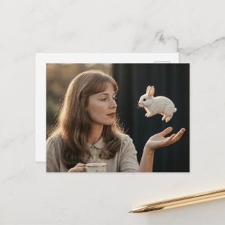 Woman and a Tiny Magic Bunny at Tea