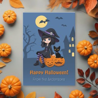 Halloween Witch, Black Cat, Curved Pumpkins Family