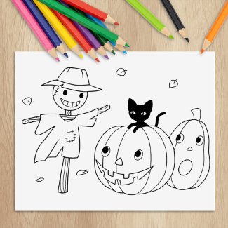 Halloween Pumpkins and Scarecrow Coloring Page