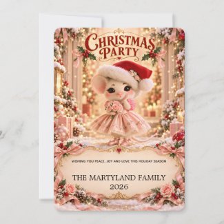 Cute Pink Christmas Mouse Family Party Invitation