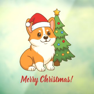 Cute Corgi Dog in a Red Hat with Christmas Tree