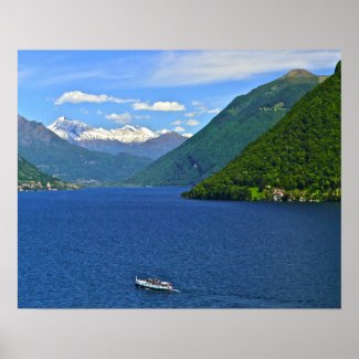 LAKE LUGANO, BOAT, MOUNTAINS IN BACKGROUND