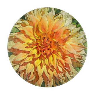 ORANGE AND YELLOW DAHLIA ROUND GLASS CUTTING BOARD