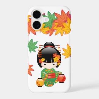 Fall Green Kimono Kokeshi Doll Maple Leaves