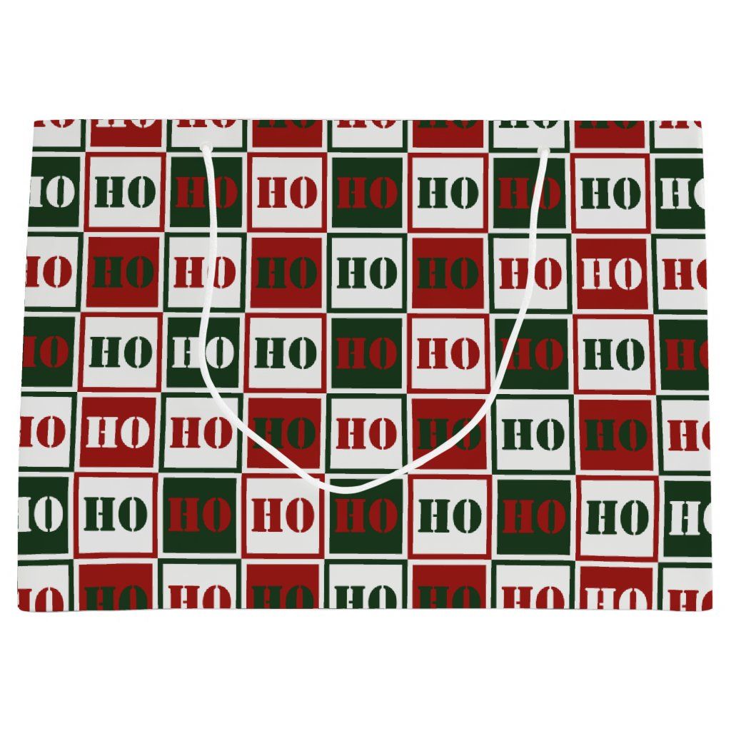 HO HO HO Red, Green & White Squared Large Gift Bag