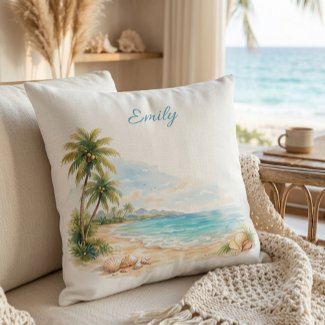 Aesthetic Watercolor Tropical Beach Custom Name