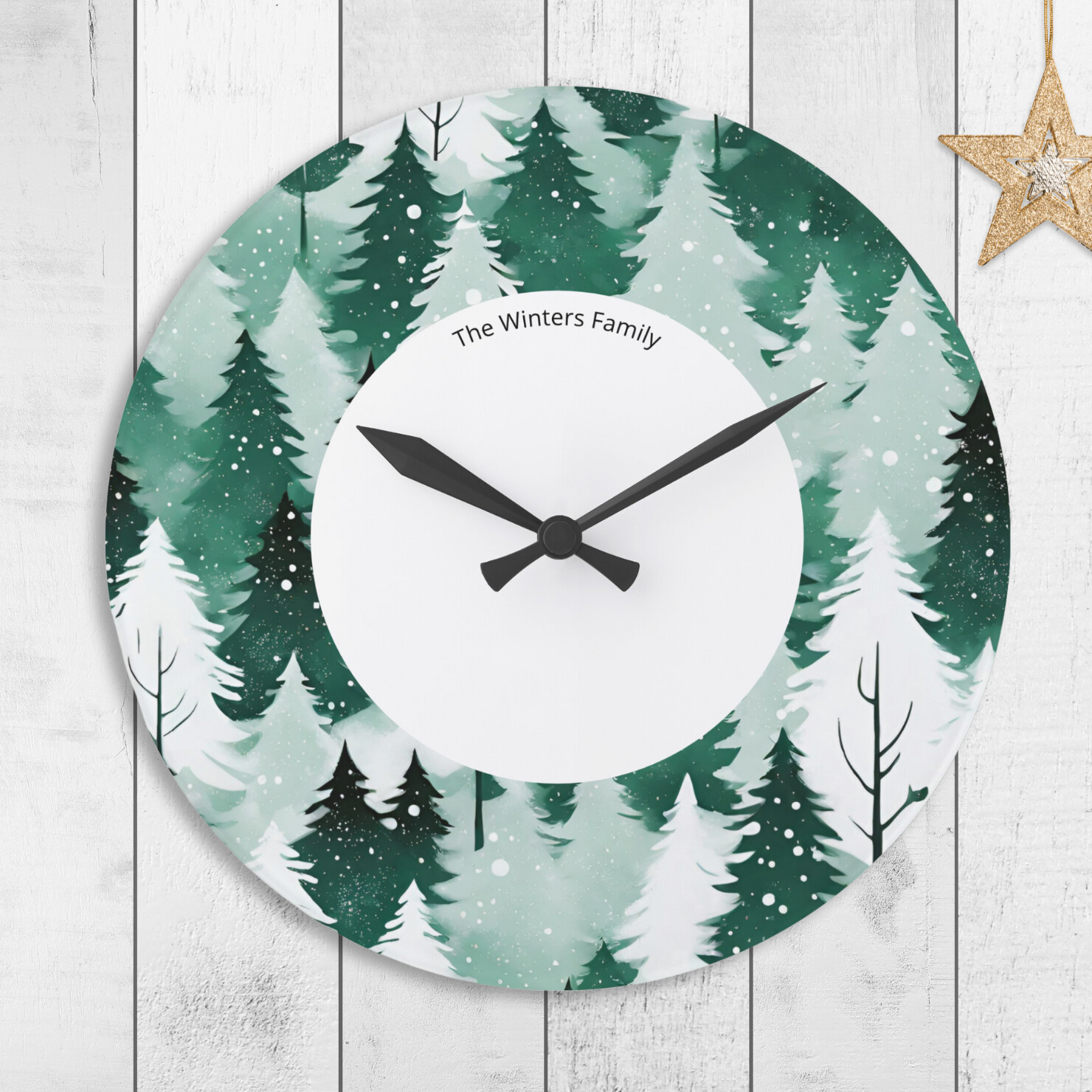 Winter Evergreen Trees Personalized Clock