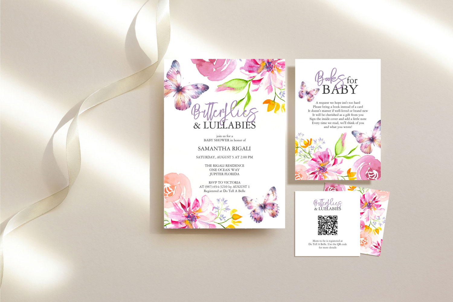 butterfly baby shower invitations and theme watercolor art by Victoria Grigaliunas