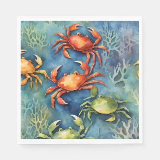 Watercolor Colorful Crabs & Sea Coral Coastal