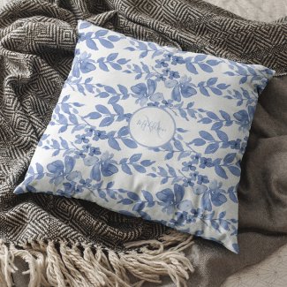 Blue White Floral Leaf Pattern Monogram