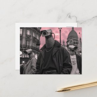 surreal surveillance camera pigeons pink grey