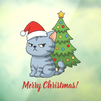 Cranky Grey Tabby Cat Red Hat Christmas Tree