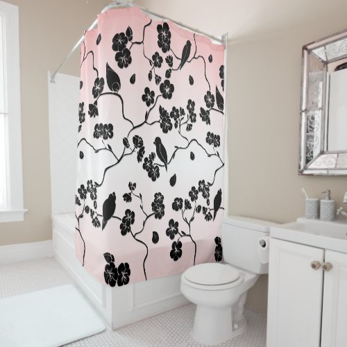Black on Pink Pattern Birds and Cherry Blossoms